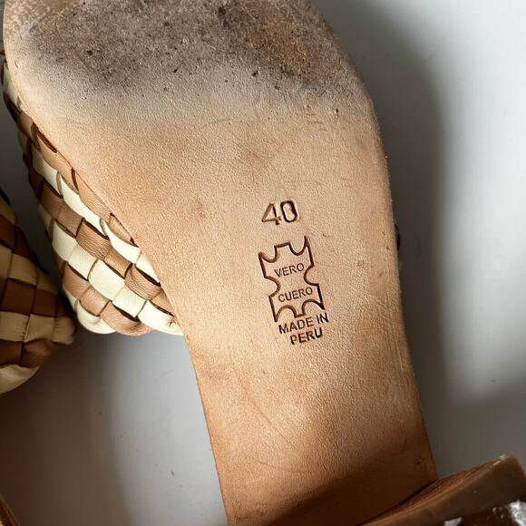 Huma Blanco  Gia Leather Woven Wooden Sandal Tan Cream Size 40/ 10 - Picture 3 of 6